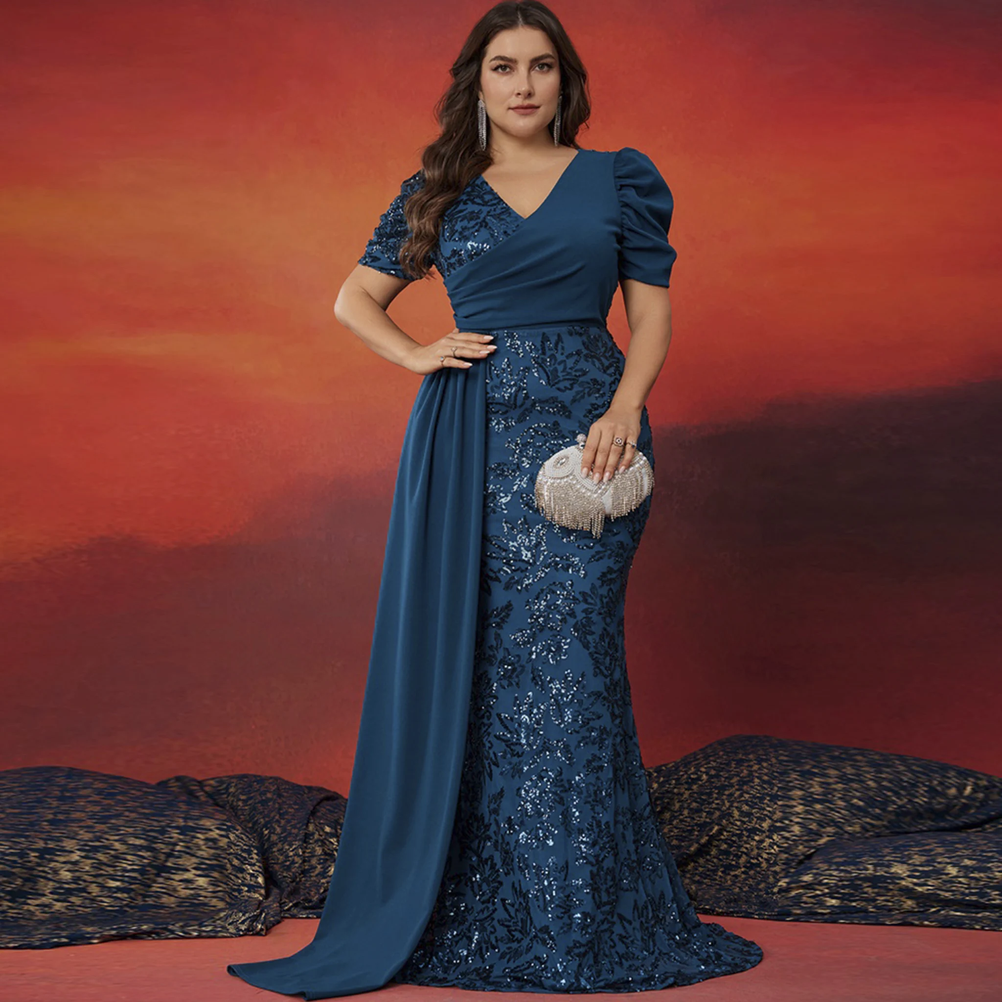 Rosymae plus Size Mermaid Dress Short Sleeve V-Neck High Back Ruched Sleeves Ruffles Evening Party Wedding Formal Event Dress