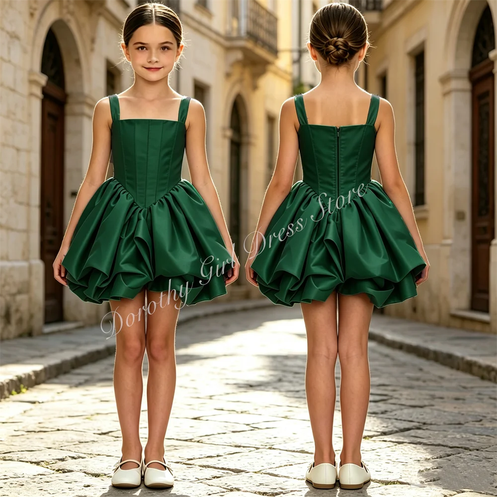 Custom Satin Green Flower Girl Dress Square Pleated Princess Ballet Performance Kids Birthday First Communion Dress