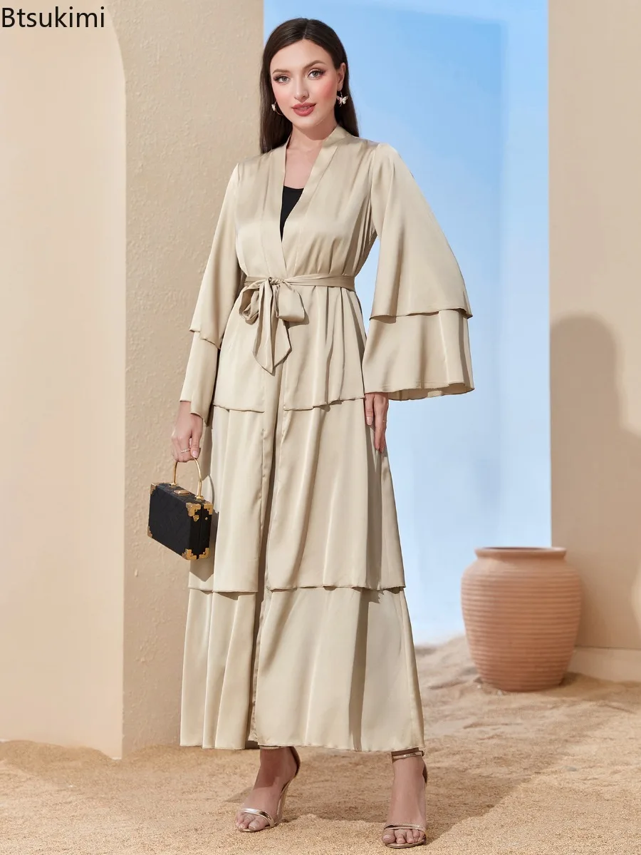 

Fashion Patchwork Satin Cardigan Dress Women's Elegant Solid Lace-up Maxi Dress Dubai Muslim Open Abayas Islam Kimono Robe Femme