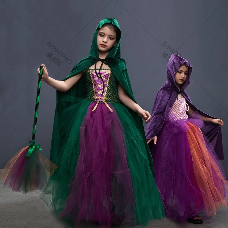 Disguise Girls Hocus Pocus Salem Witch Sisters Costume Kids Halloween Fancy Gown Tutu Dress With Cape For Cosplay Party Outfit