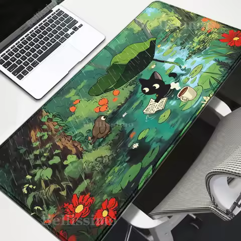Kawaii Black cat Green plants Mousepad Xxl Anime Gamer Cabinet Keyboard Carpet Computer Gaming offices Accessories HD Desk Mat