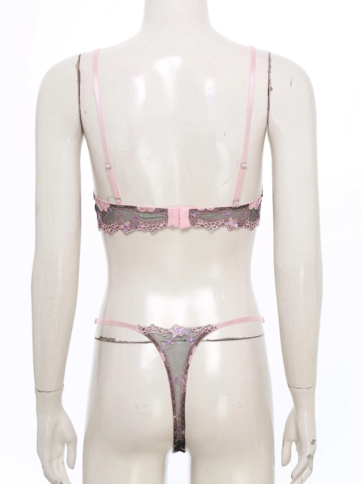 المرأة مثير انظر من خلال قطع مجموعة الملابس الداخلية زهرة الدانتيل كوب مفتوح Underwire دفع ما يصل الصدرية مع T-الظهر سيور الملابس الداخلية ملابس نوم