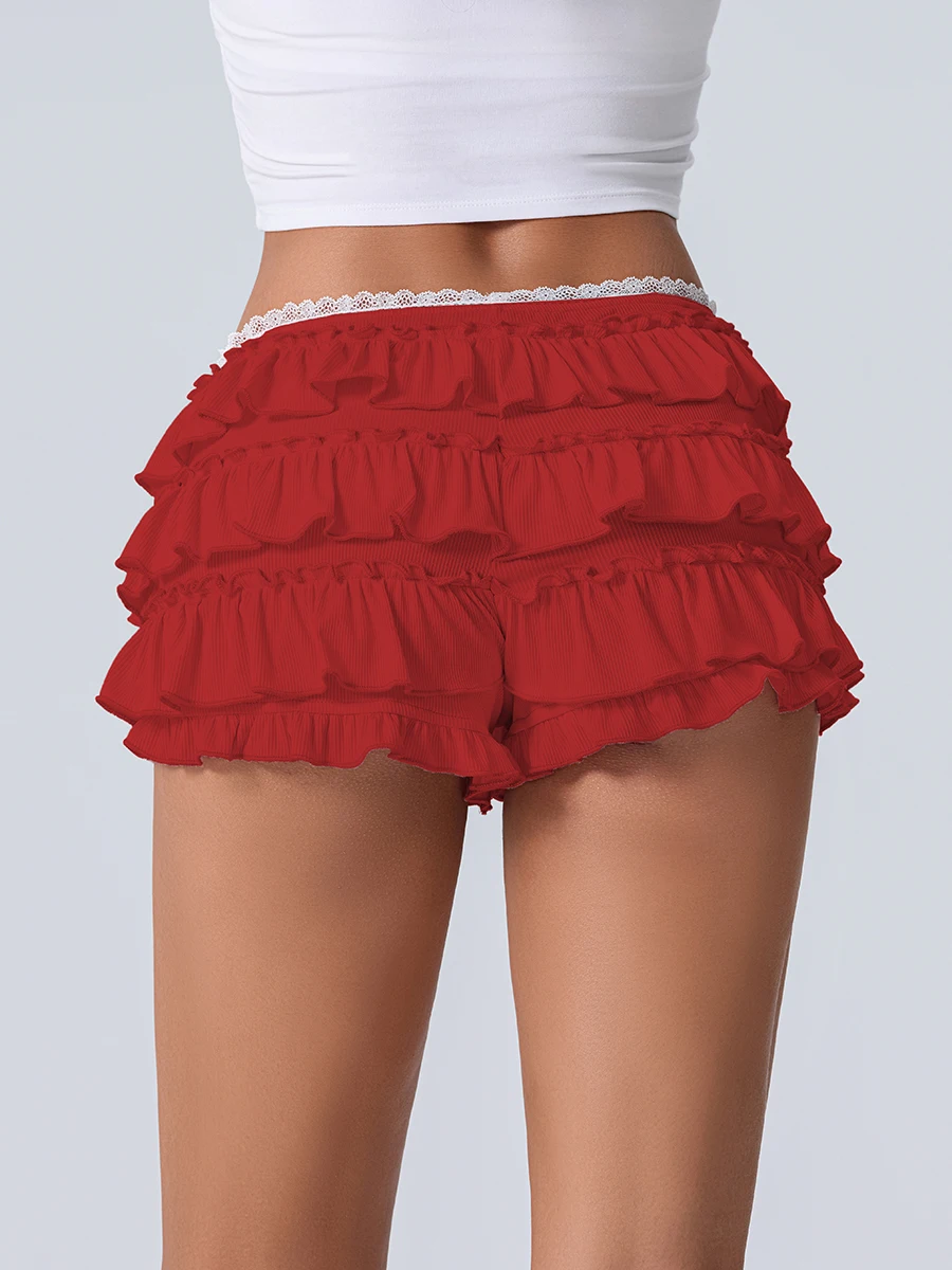 Women s Summer Low Rise Shorts Elastic Waistband Solid Color Tiered Ruffle Streetwear Shorts