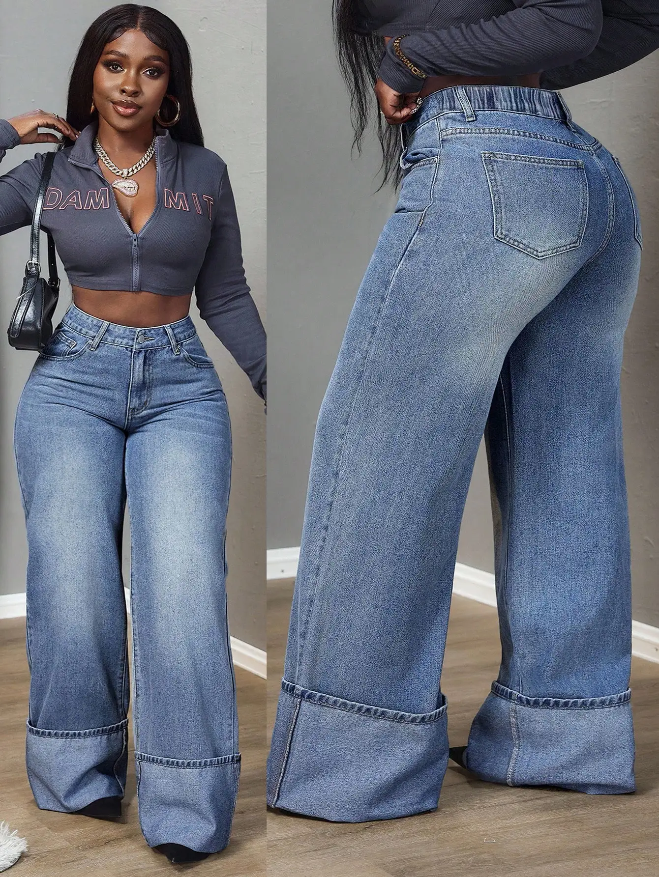 

Джинсы-клеш с высокой талией и широкими штанинами больших размеров с карманами для повседневного уличного стиля