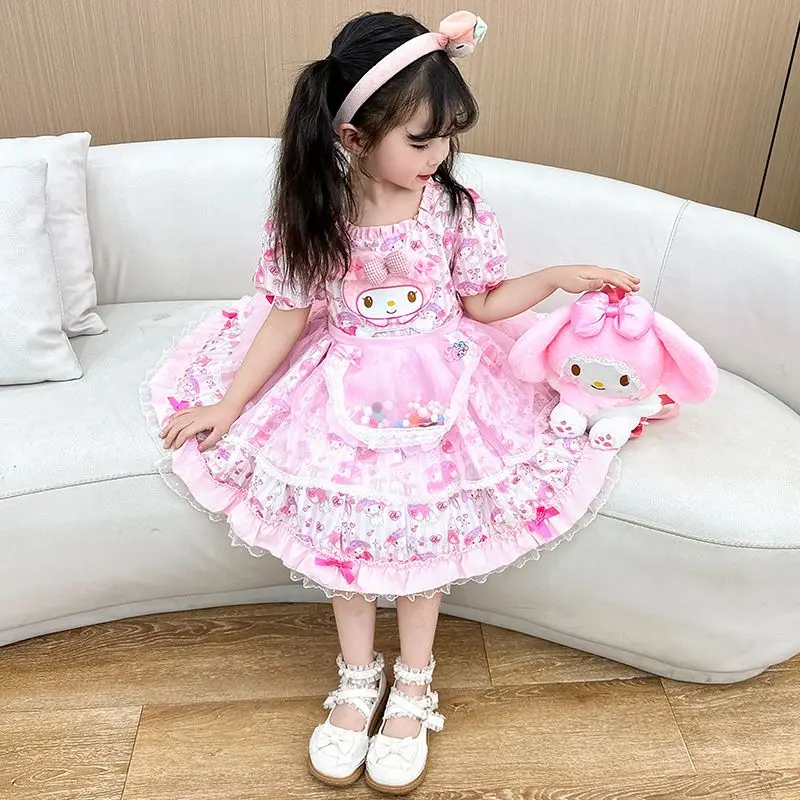 Girls Dress Summer Kawaii Anime My Melody Girls Cute Lolita Princess Skirt Fashion Short Sleeve Veil Birthday Party Dress Gift