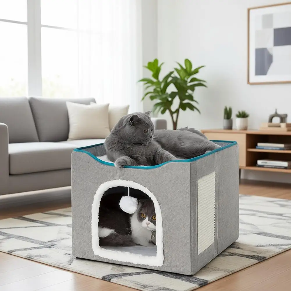 

Large Cat Cave with Fluffy Ball Hanging and Scratch Pad, Foldable Cat Hideaway, 16.5x16.5x13 inches, Grey