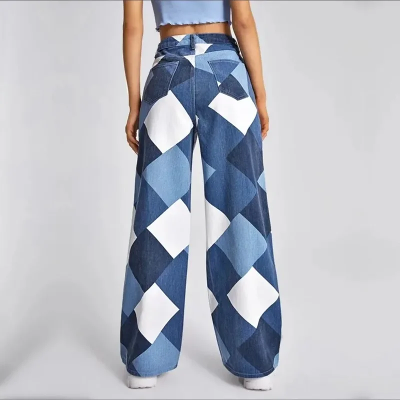 Women\'s Multi Color Stitching Printed Pants Straight Tube Printed Long Trousers Checkered Loose and Slim Wide Leg Pants