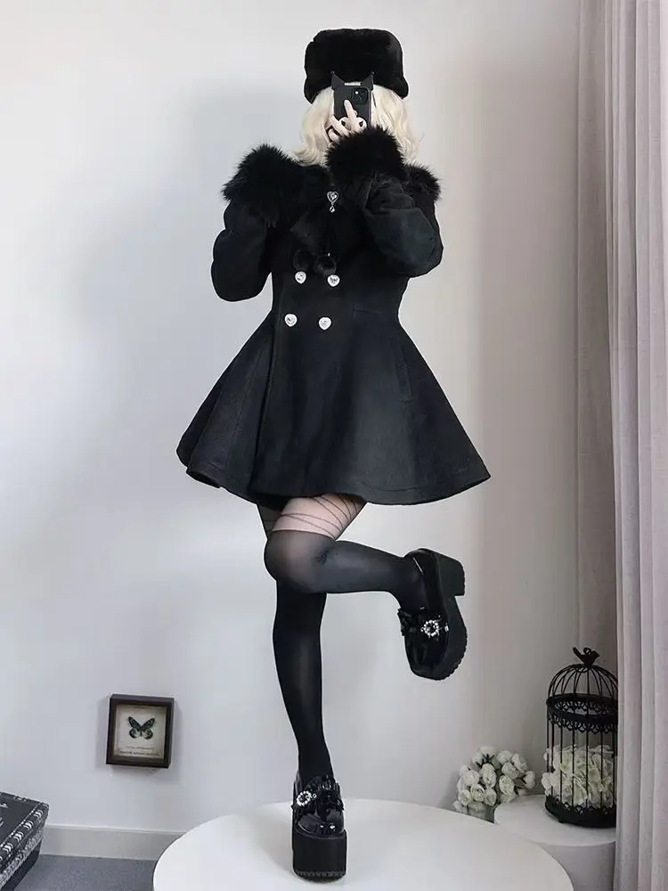 

Winter New Japanese Slim Bow Long Sleeve Coat Fashion Elegant Fur Collar Lace Overcoat Women Design Chic Sweet Woolen Cloth Coat