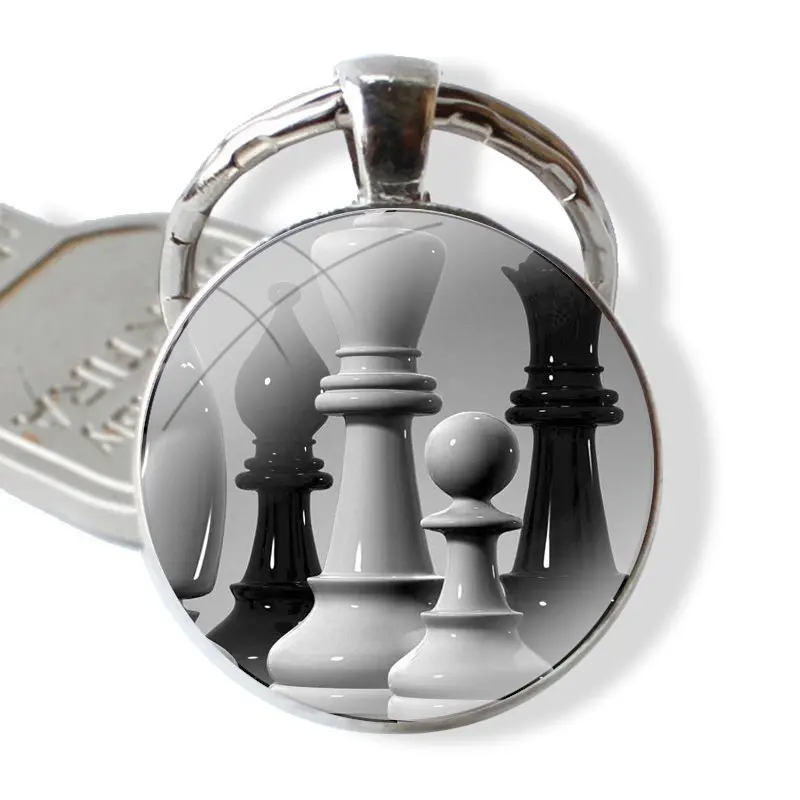 Keychain Handmade Glass Cabochon Key Ring Holder Pendant Key Chains Black and white chess board