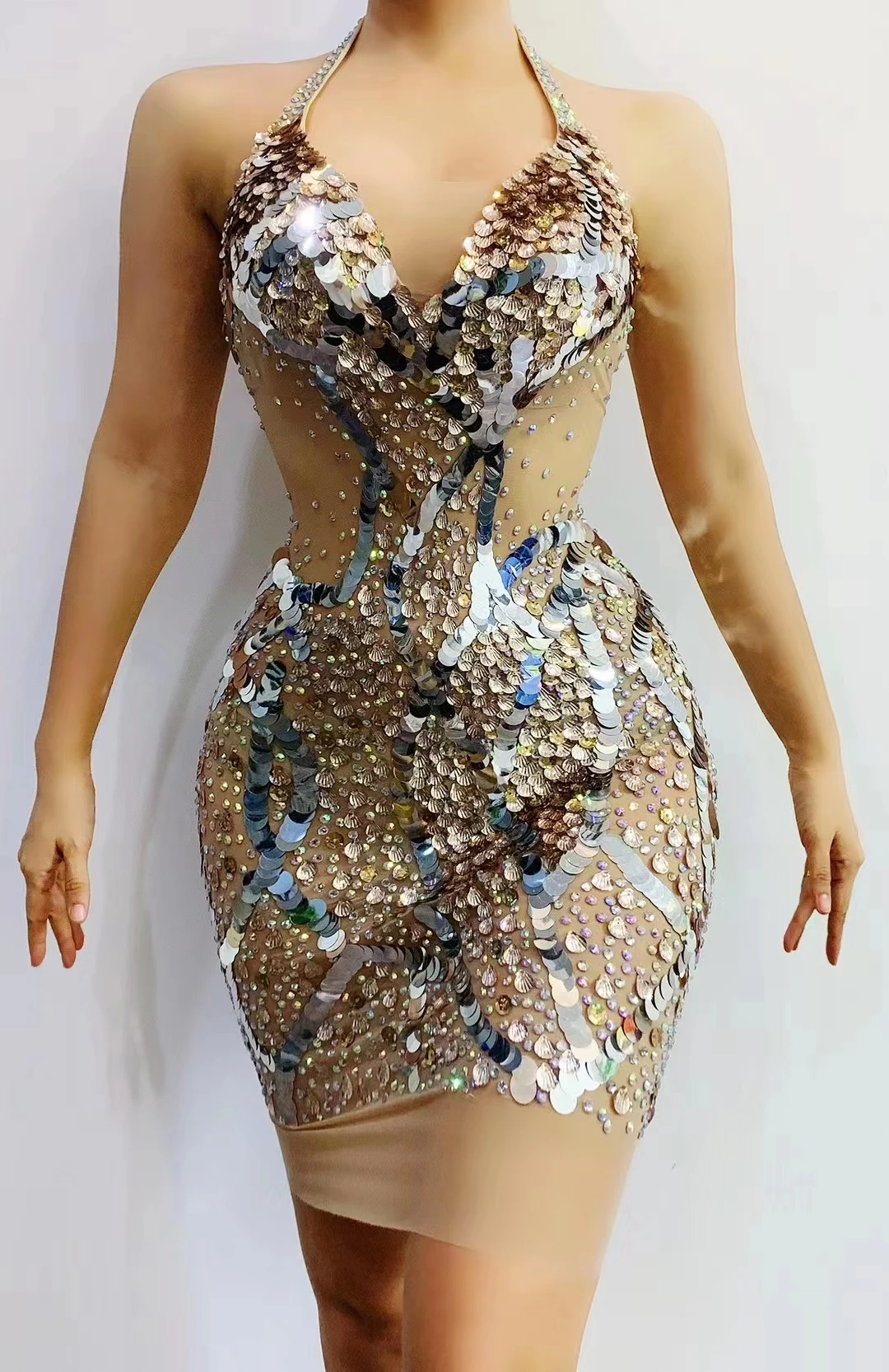 

Fashion Crystal See Through Stretch Mesh DressSleeveless Women Bodycon Rhinestone DressNightclub Party Sexy Dress DJ Singer A368