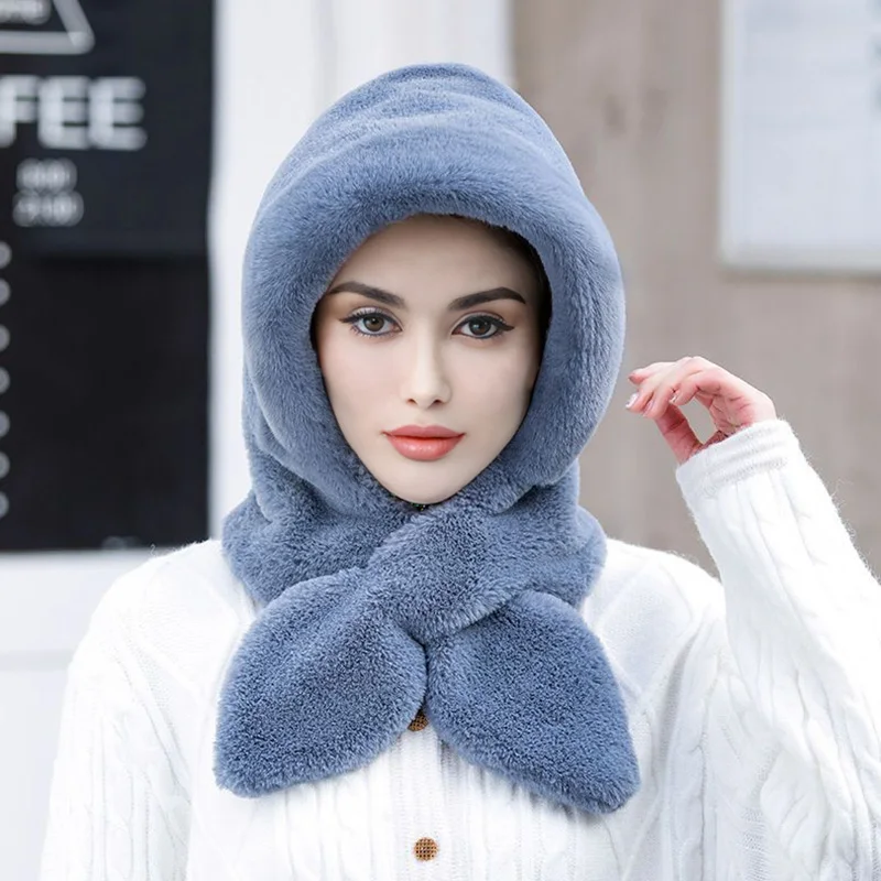 Women Winter Hood Beanies Thick Plush Scarf Hat Set Outdoor Ski Windproof Warm Headgear Solid Fluffy Fur Female Earmuffs Cap