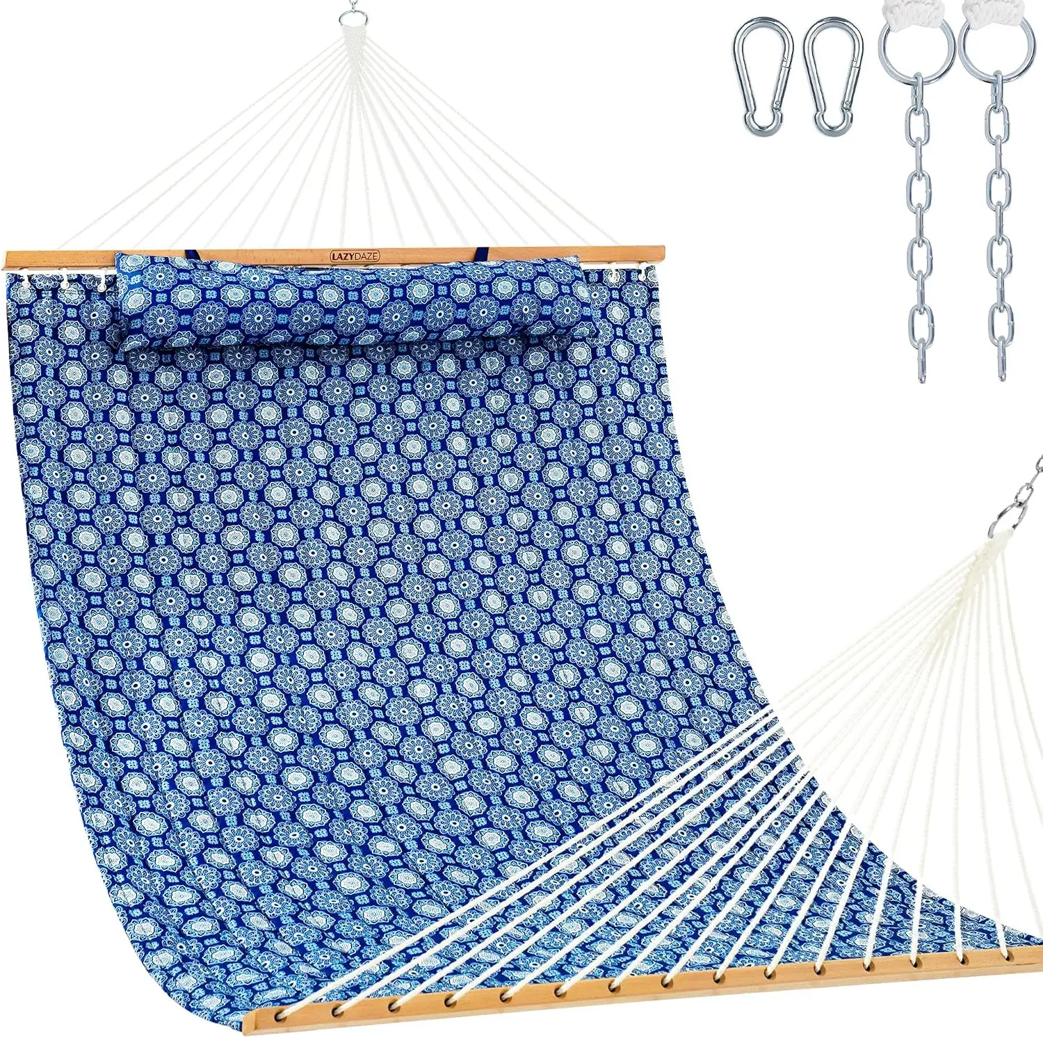 12FT Double Quilted Outdoor Hammock with Pillow, Blue Floral Pattern