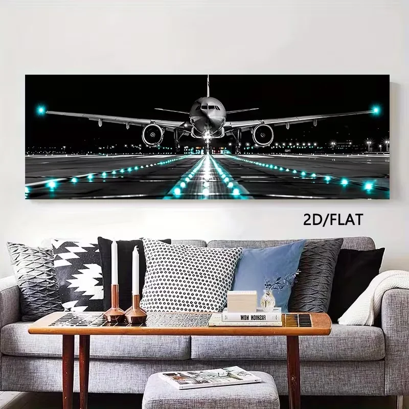 1PC frameless 2D Flat, 1pc 2D/FLAT Large Aircraft Plane Landing Canvas Print Plane Panoramic Airport Canvas Paintings Posters an