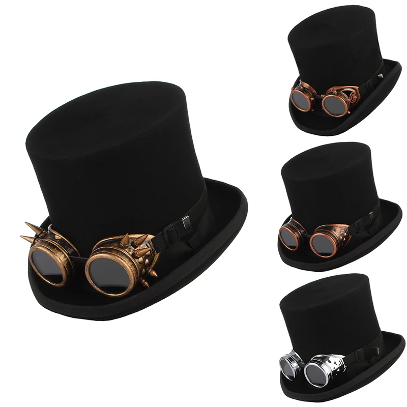 GEMVIE 100% Wool Felt Steampunk Unisex Top Hats with Glasses Rock Band Cap Costume Fedoras Magic Party Cylinder Black Hat