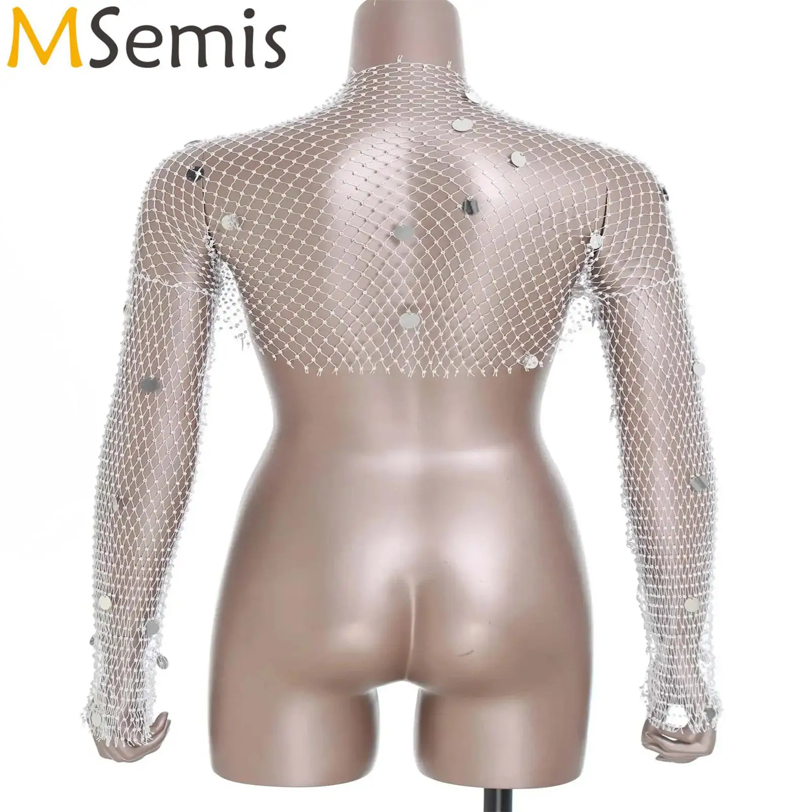 

Women Sparkly Rhinestone Fishnet Cover Up Blouse T-Shirt Tops Sequins Cropped Cardigan Long Sleeves Hollow Out Tops Club Wear