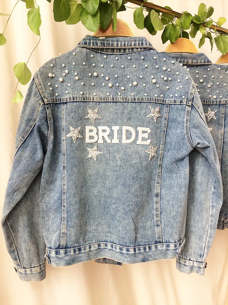 Giacca di Jeans con perle da sposa con strass con stelle giacca di Jeans WIFEY personalizzata cappotto da sposa donna nome personalizzato 2023