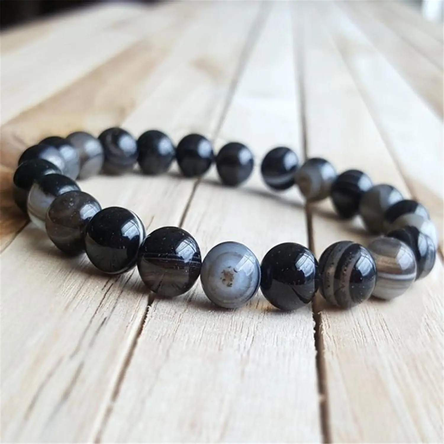 

10mm Black Agate Beads Mala Bracelet Bangle Artisan Beaded Adjustable Ethnic Jewelry Lovers Men