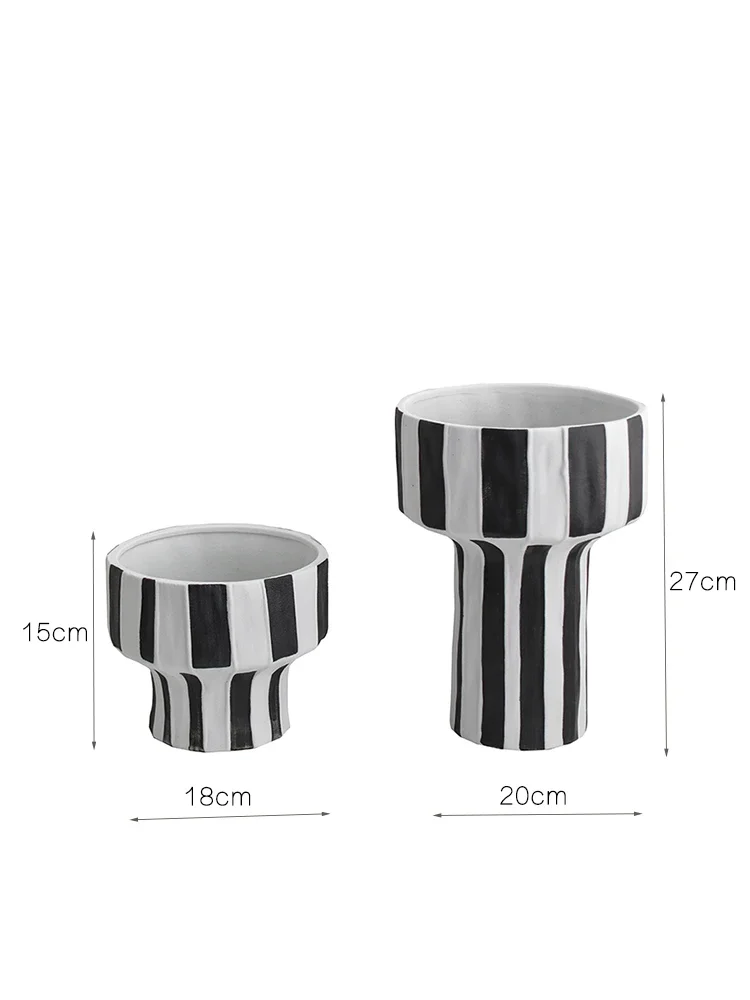 مزهرية سيراميك أبيض وأسود مخططة واسعة الفم اناء للزهور ترتيب اكسسوارات ديكور المنزل المزهريات الأواني
