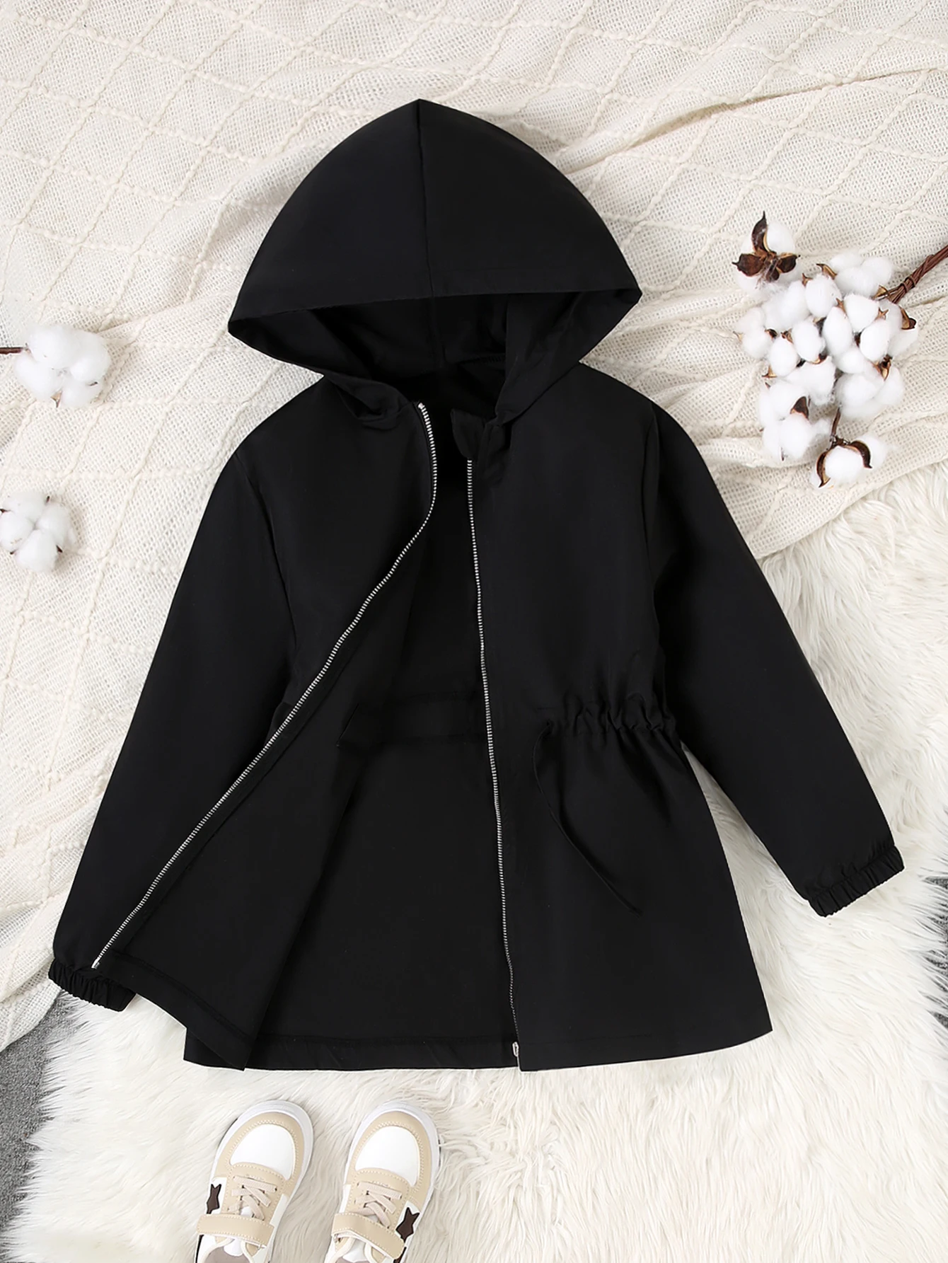 Autumn  Girls Hooded Long Sleeved Waist Cinched Solid Color Thick Warm Casual Cute Jacket