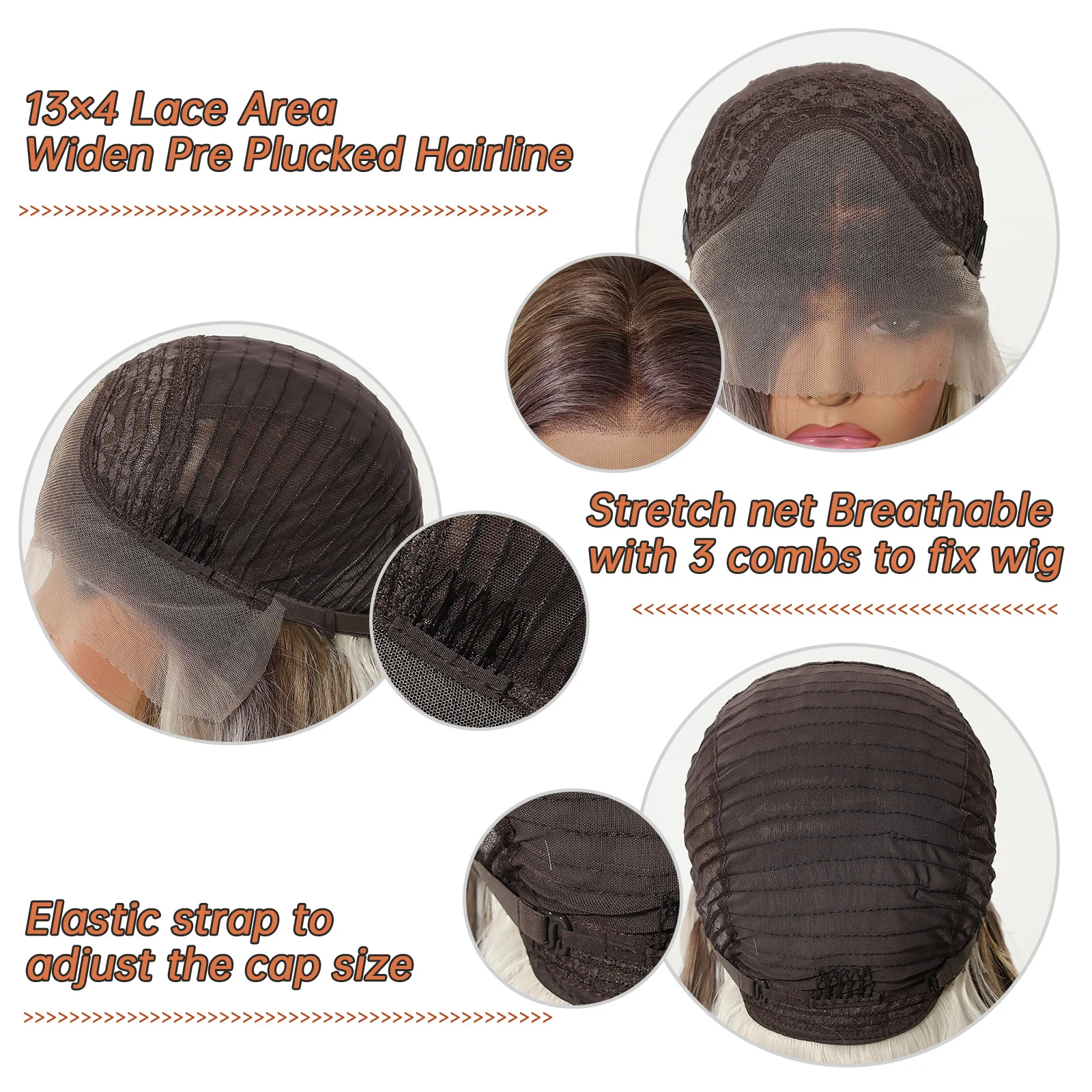 EASIHAIR Brown Blonde Highlights Synthetic Wigs for Women 16 Inches Medium Length Wavy Curly Wigs 13*4 Lace Front Wigs Daily Use