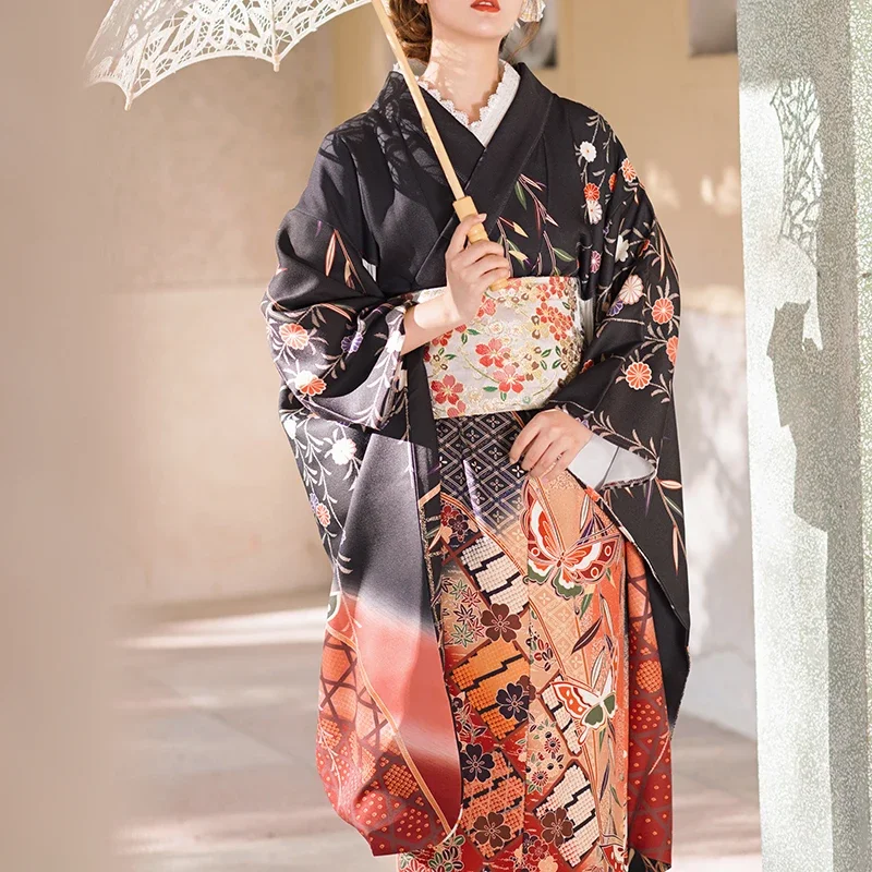 

Женское официальное кимоно Furisode в японском стиле, классическое красивое платье юката с принтом бабочки, карнавальный костюм, платье для выступлений