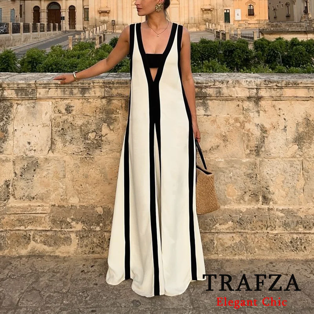 TRAFZA Elegant Casual Colour Block Dress Women's V-neck Loose-Fitting Dress New 2024 Summer Fasion Vacation Beach Date Dress