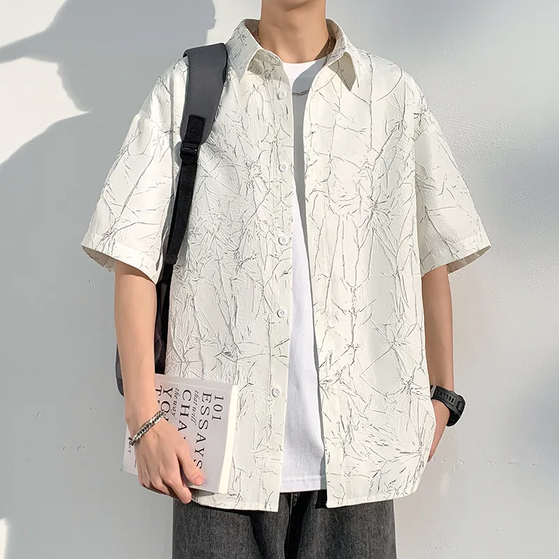 Mens Lapel Collar Abstract Branch Line Print Oversized Loose Fit Short Sleeve Button Shirt