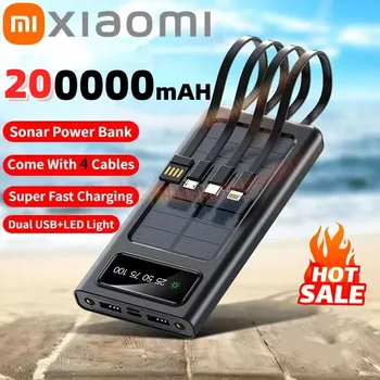 Xiaomi ソーラーパワーバンク 200000 mAh 大容量モバイルパワー急速充電バッテリー、デュアル USB 4 ケーブル付き iPhone Samsung 用