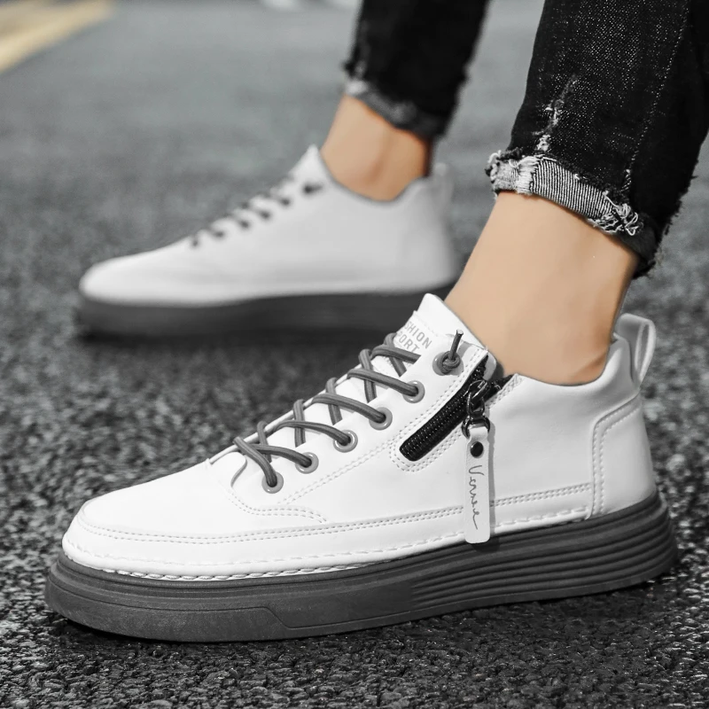 Mid-top Formal Leather Shoes for Men Casual Shoes 2024 Spring Soft Leather Zipper Men Sneakers Fashion Breathable Flat Men Shoes