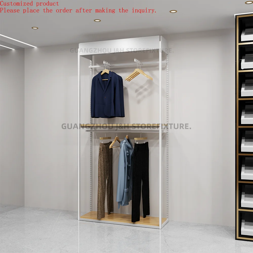 

Adjustable Bar Rack LED Lights Freestanding Clothing Rack Stainless Steel and MDF Gold Garment Rack