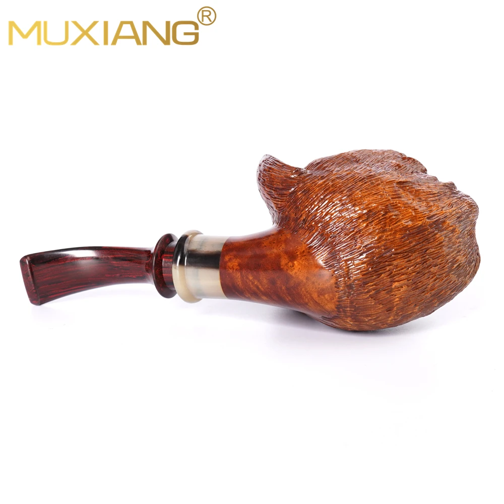 MUXIANG handmade briar tobacco pipe, vulcanized rubber pipe mouthpiece, curved handle master pipe, cat carved pipe，father gifts