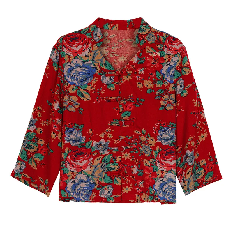 Women Clothing Vintage Chinese Style Chic Button Printing Shirt Summer V-neck Loose Plus Size Cardigan Lady Fashion Elegant Tops