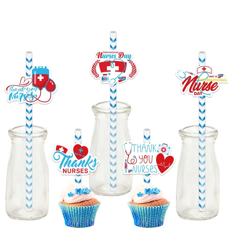 24pcs Happy International Nurses Day Disposable Paper Straws, Thank You Nurse Drinks Decoration Plug-In Supplies view 6