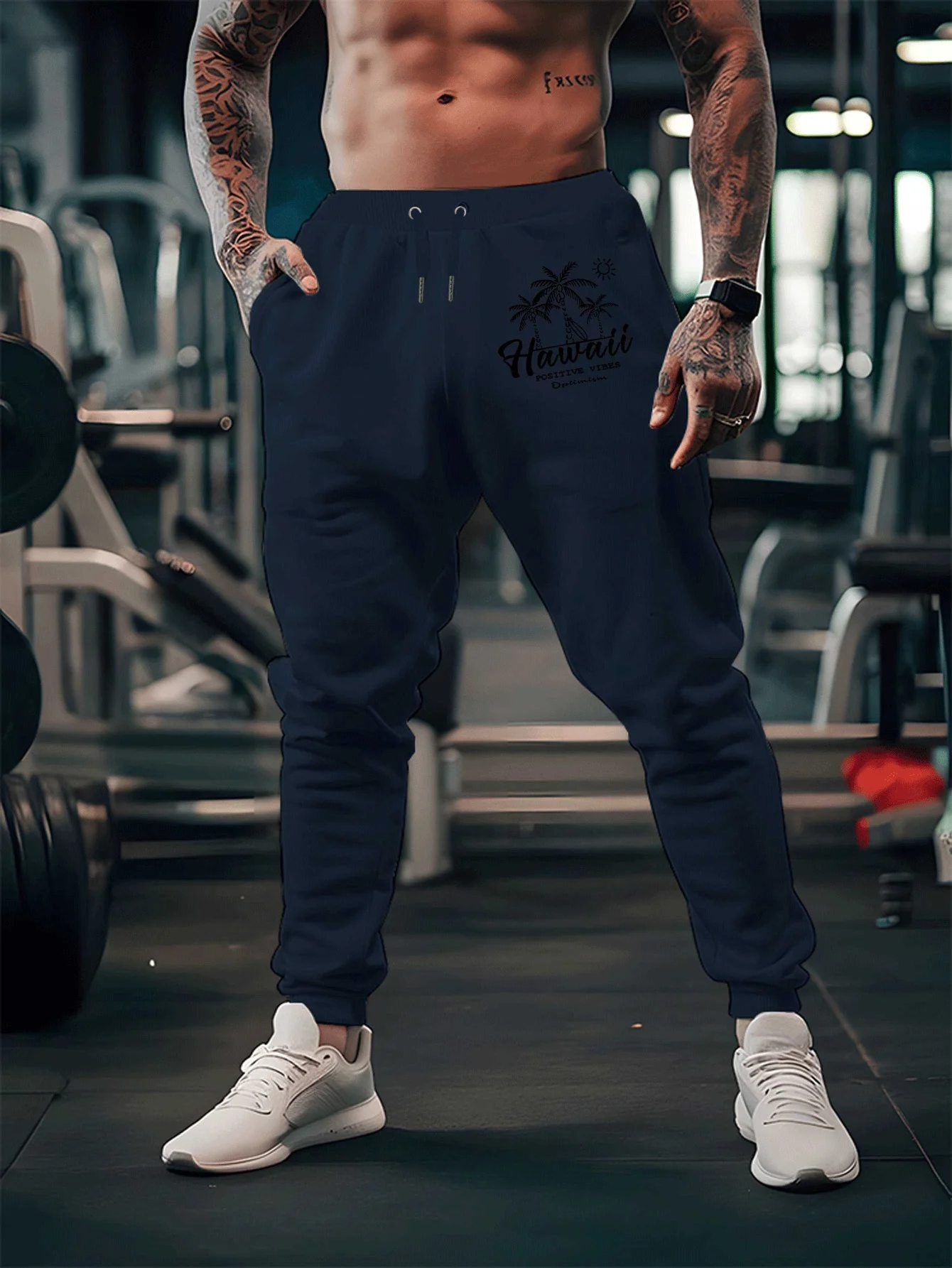 Vacation‑styled Tropical Hawaii Palm Scene Graphic Print Relaxed Sweatpants Men Hip Hop Casual Jogger Pants Fit Wear Gear