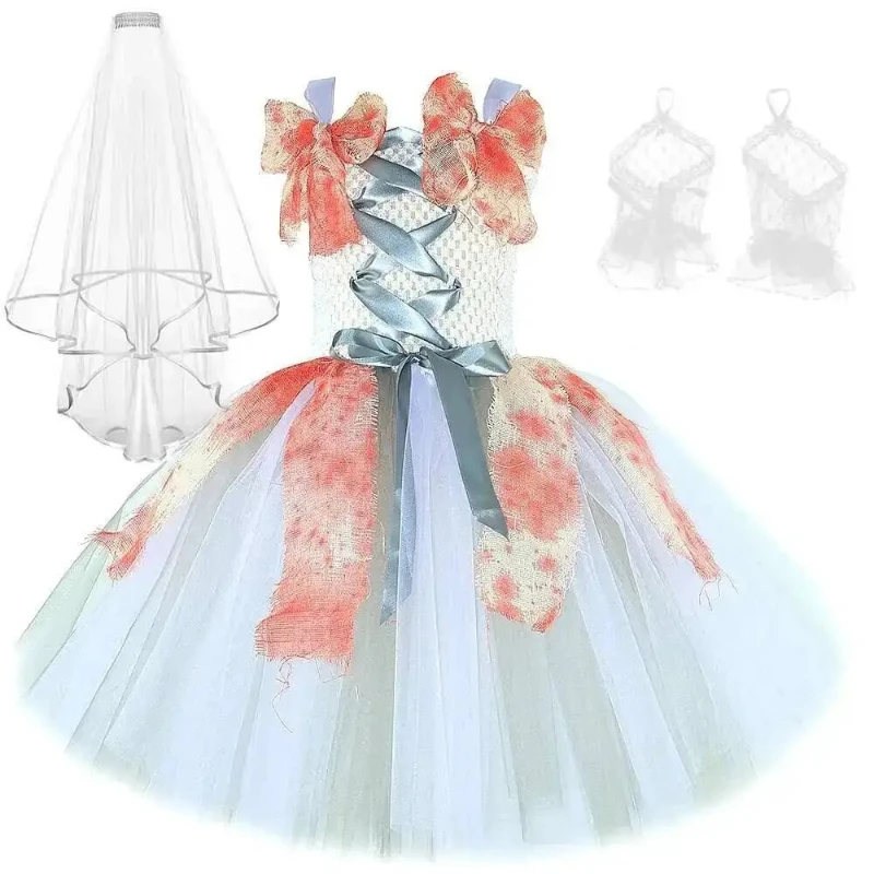 

Bloody Corpse Bride Costumes for Girls Carnival Party Scary Outfit Horror Clothes for Kids Ghost Bride Halloween Fancy Dresses