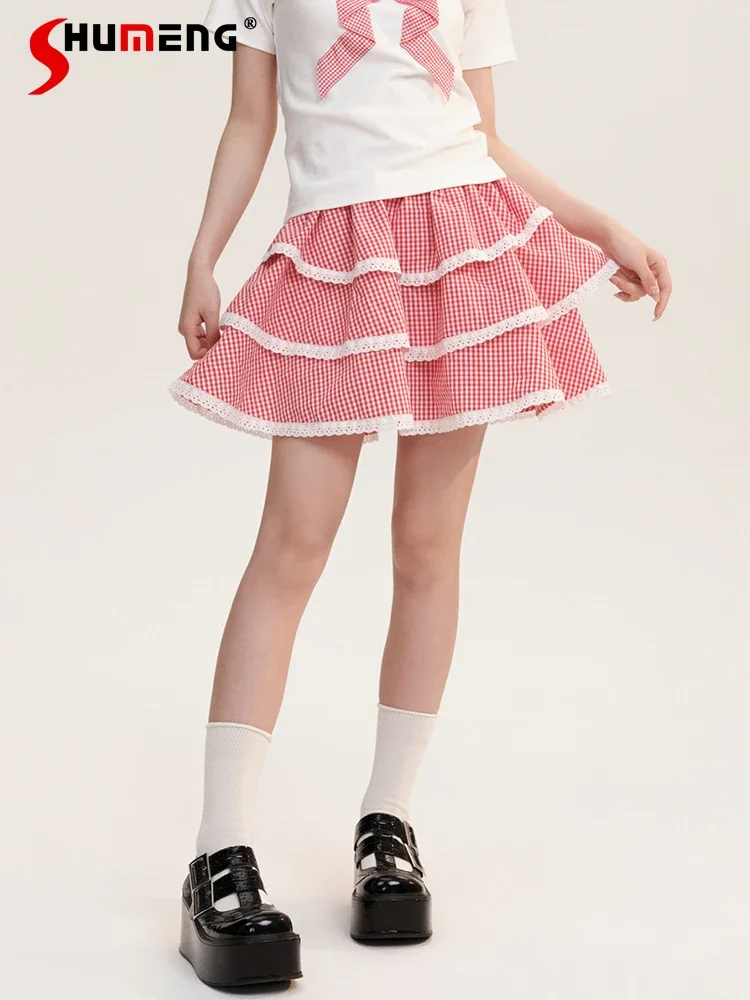 

Japanese Sweet Cute Lace Splicing High Waist A-line Y2K Skirts All-matched Casual Plaid Layered Cake Mini Skirt For Women Summer