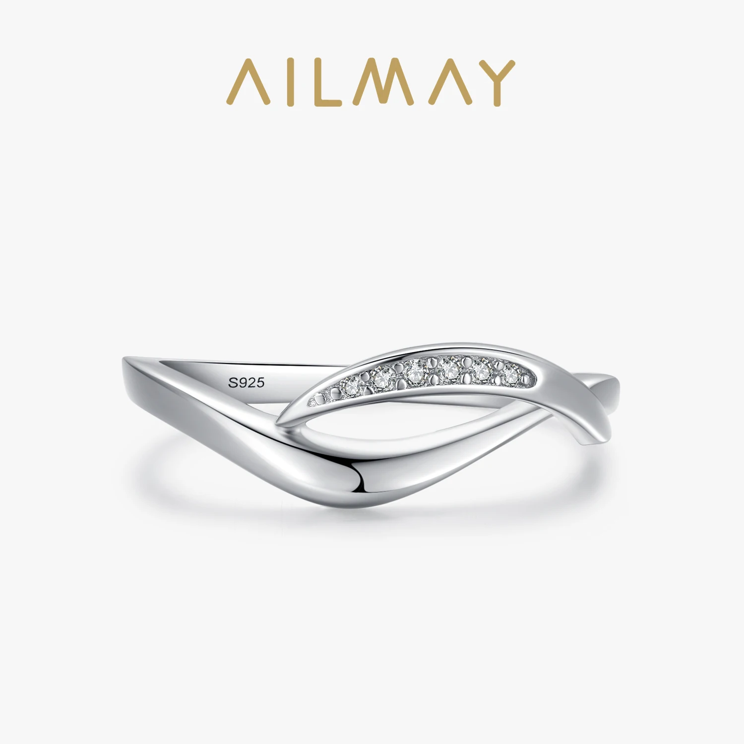 Ailmay 100% 925 Sterling Silver Fashion Asymmetry Line Clear Zircon Finger Ring For Women Simplicity Wedding Statement Jewelry