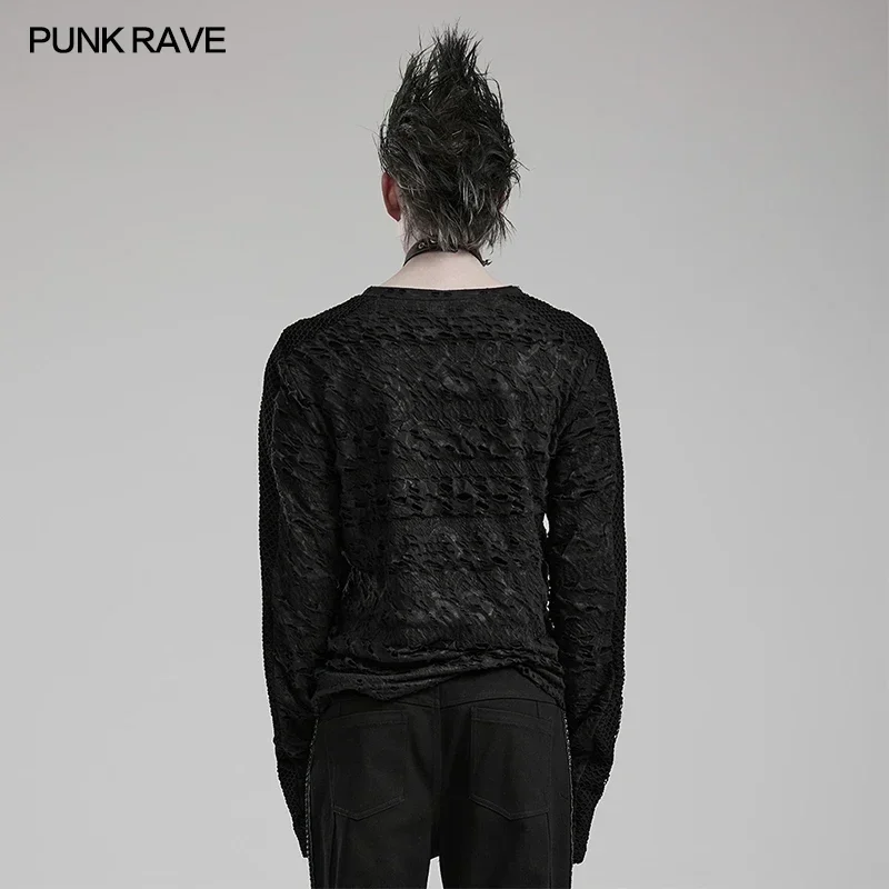 PUNK RAVE Men\'s Gothic Decadent Long Sleeve Splice Mesh Printed T-shirt Punk Handsome Cool Casual Tops Streetwear Autumn/Winter