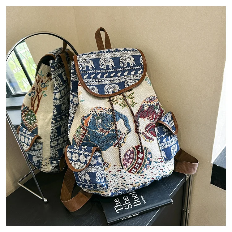 Ethnic Korean Style Bohemian Elephant Embroidery Backpack Casual Animal Drawstring Backbag Bucket Back Bag Sac A Dos Travel