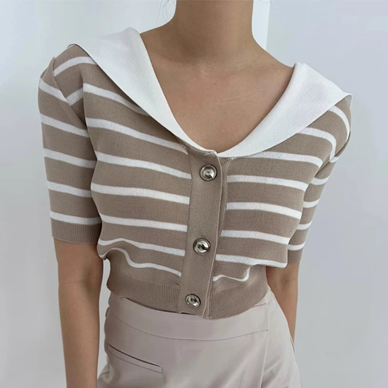 HELIAR donna monopetto Cardigan Top Stripe Patchwork camicia Casual colletto marinaio manica corta ufficio Crop Top Tees estate