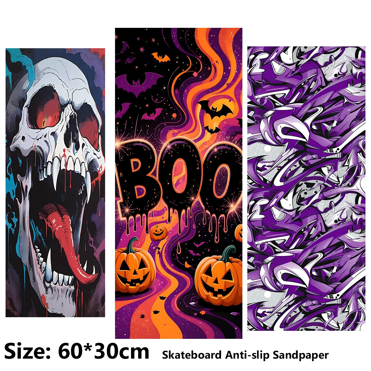 Electric Scooter Anti-slip Sticker Sandpaper Skateboard GripTape Sheet 60*30cm Pumpkin Skeleton Long Tongue Graffiti Pattern