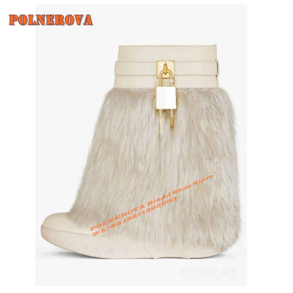 Furry Shark Lock Ankle Biker Boots Round Toe Thick Sole Sole Soft Warm Women's Snow Boots 2024 Winter New Style Casual Big Size