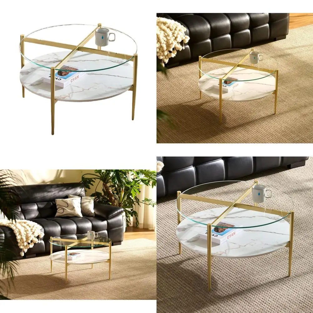 

Журнальный столик в стиле Mid-Century Modern для гостиной, с золотыми ножками, столешницей из закаленного стекла и полкой из МДФ с имитацией белого мрамора