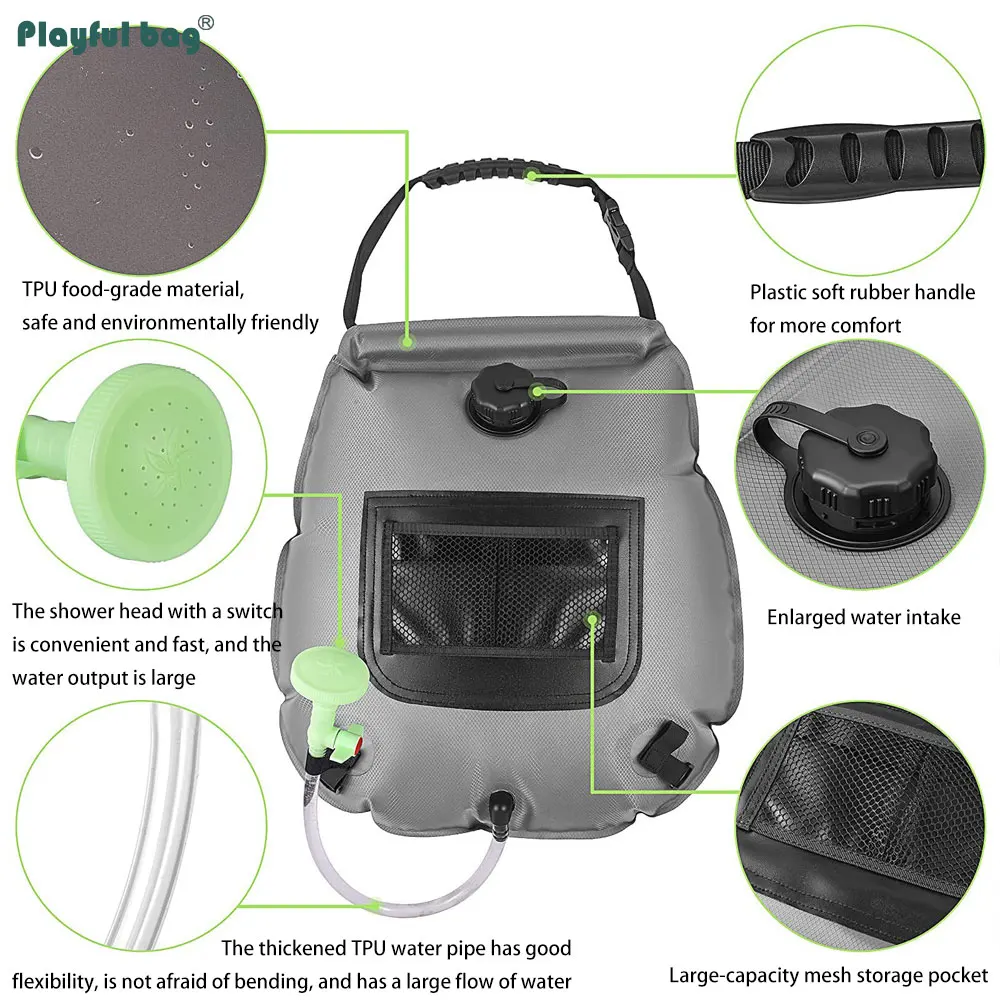 Outdoor Portable Shower Bag 20 Liter With Thermometer TPU Solar Heated Camping Water Bag Travel Gear AVA272