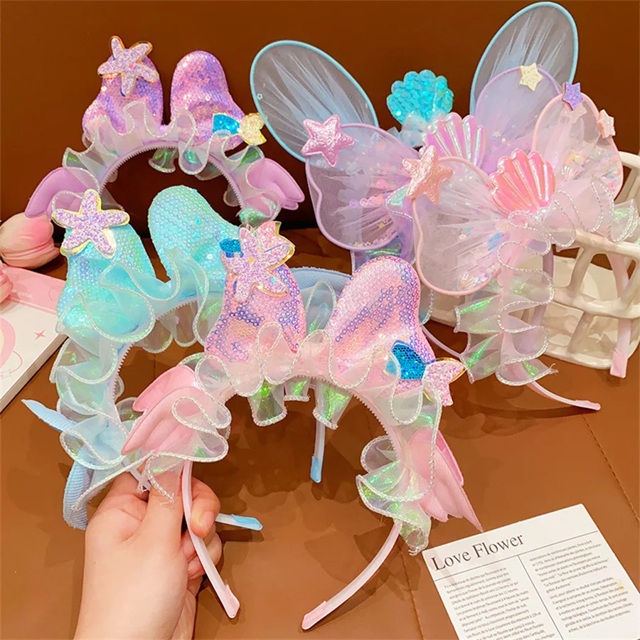 Children\'s hairband Korean style new rabbit ears sequin headdress princess gauze toothed non-slip girls star hair accessories