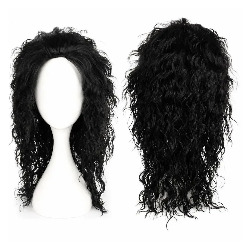 Men Retro 80s Punk Black Mullet Curly Synthetic Wig Side Ponytail Long Wild Hair Halloween Cosplay Rock Star Party Costume Wig view 2