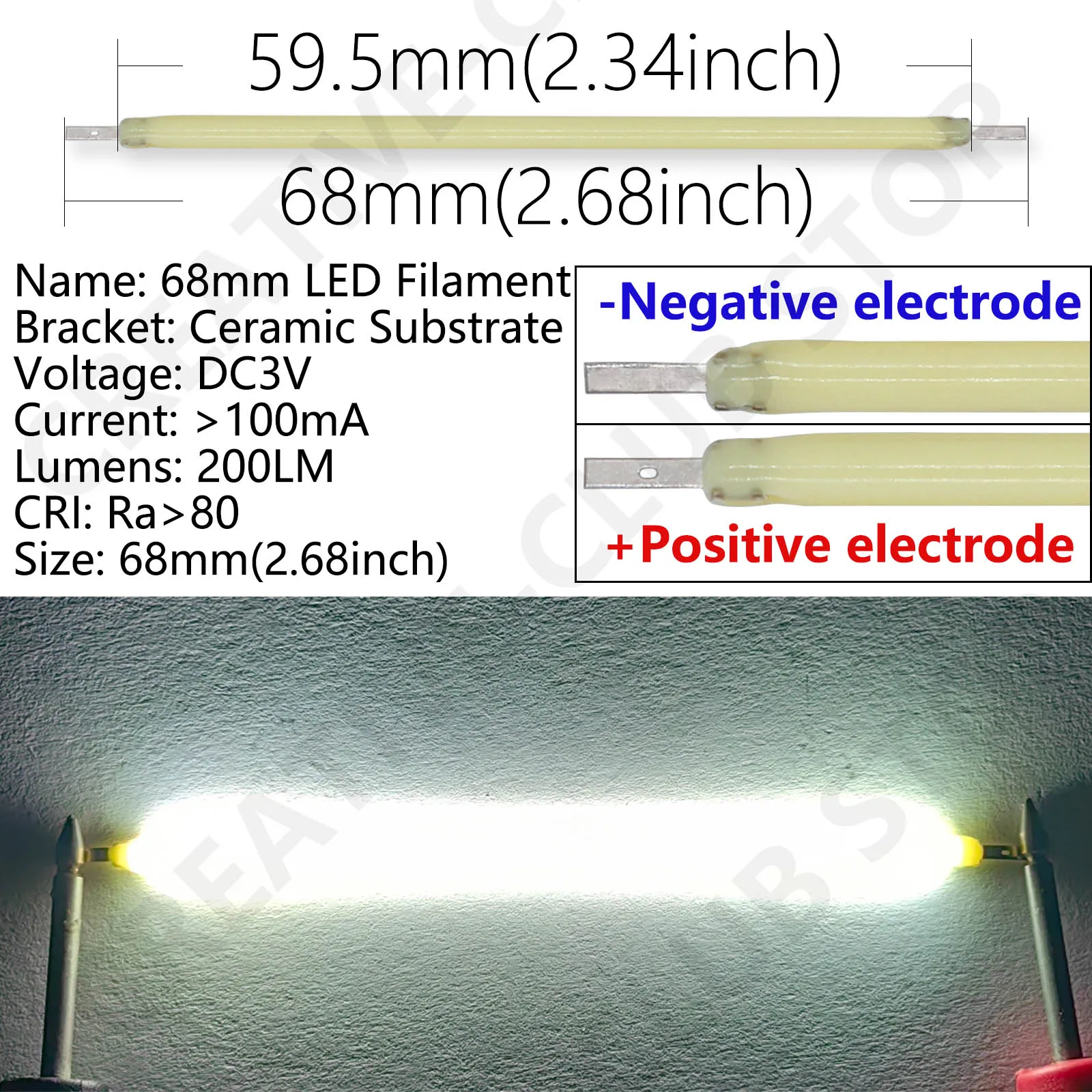 68mm 10pcs DC3V COB LED Filament Edison Bulb Parts Lamp Incandescent Light Accessories Red Green Blue 2200K 2700K 6500K for DIY