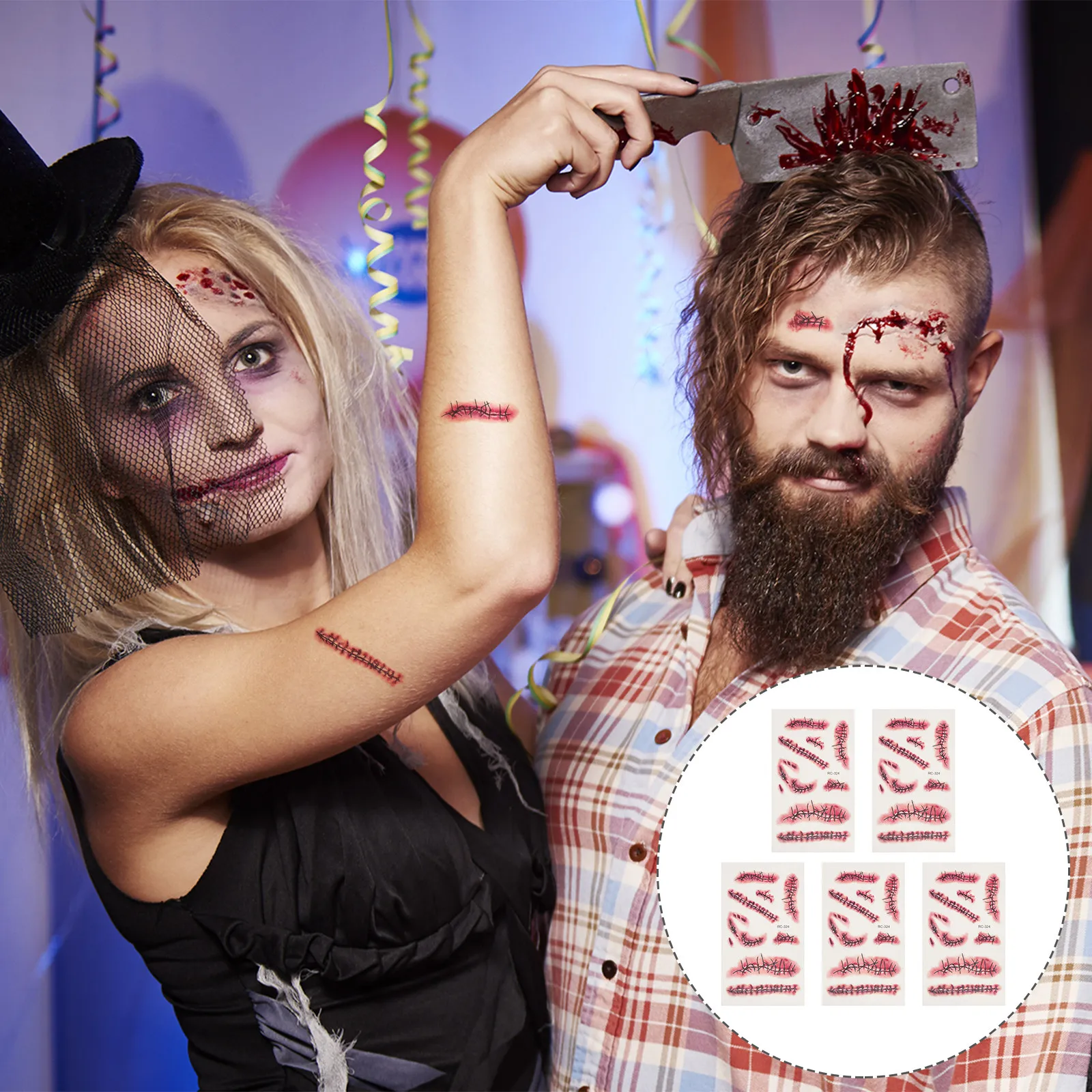 

5 Sheets Halloween Waterproof Scar Stickers Realistic Wound Stitch Bloody Tattoos Party Body Transfer Decor Fake Blood Temporary