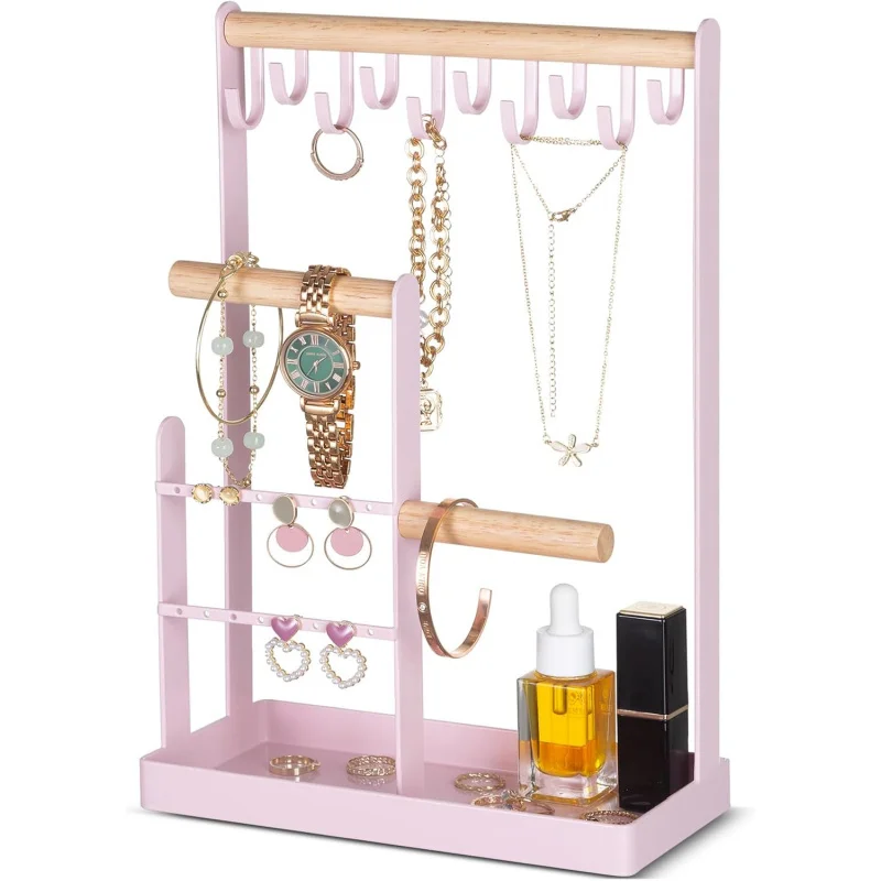 

4-ярусная подставка для украшений с лотком для колец — 10 крючков для колье, витрина для браслетов, серег и часов