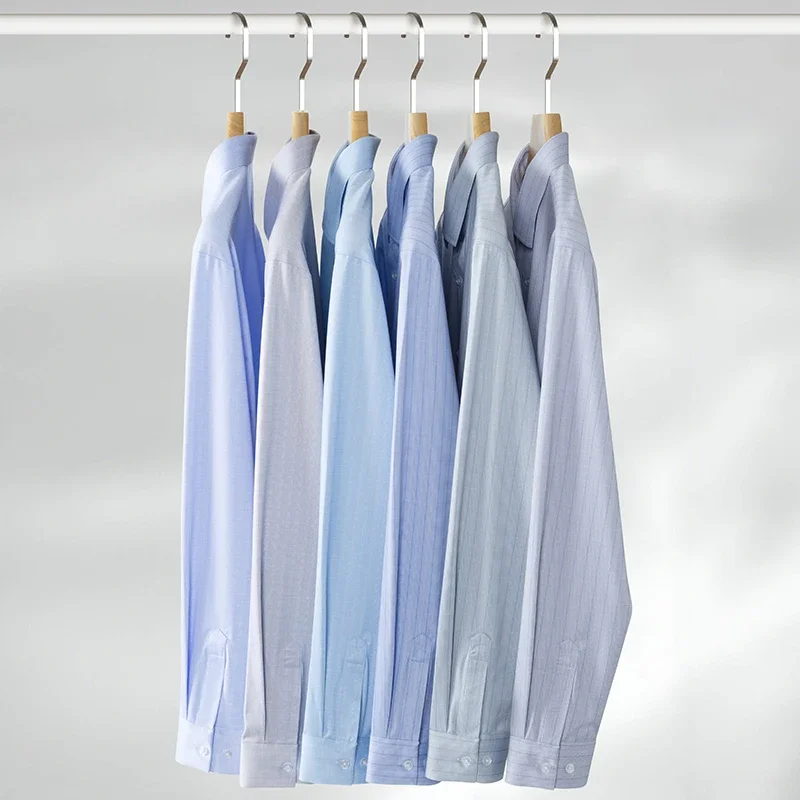 Hight quality silk elastic striped long sleeve shirts for men slim fit formal shirt soft plaid anti-wrinkle office thin clothes